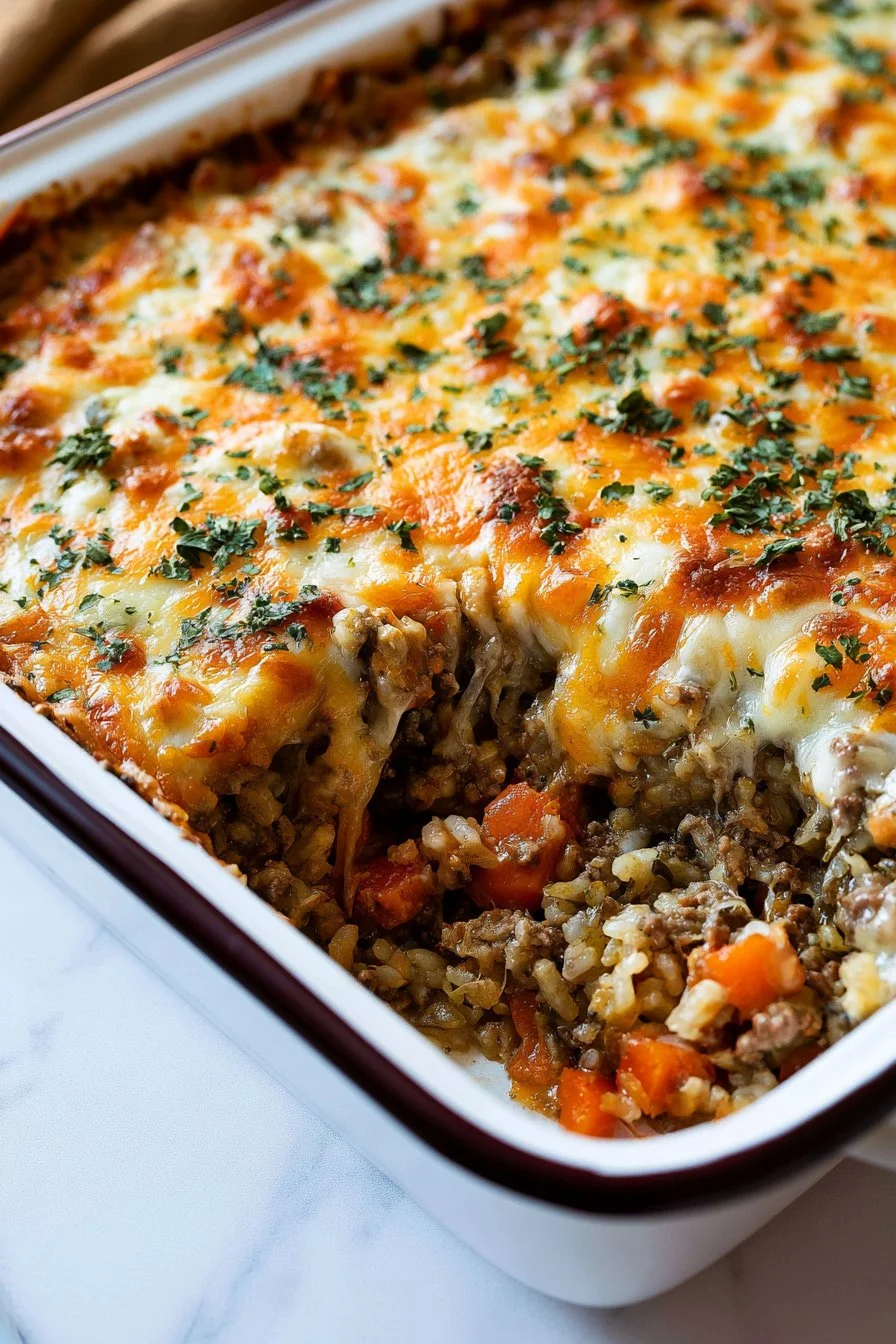 Cheesy ground beef casserole topped with melted cheese and garnished with herbs