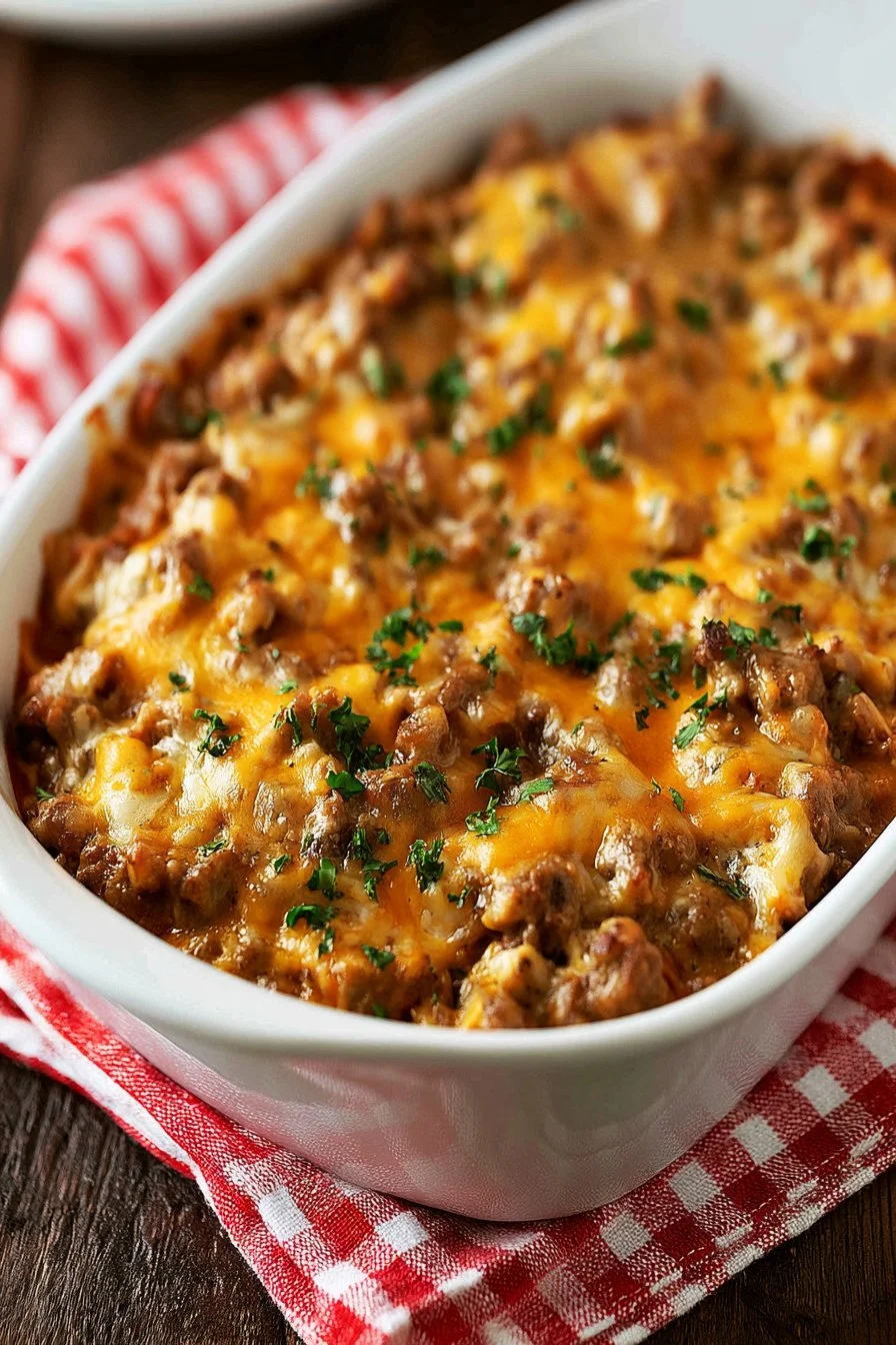 Cheesy ground beef casserole baked until golden and bubbly