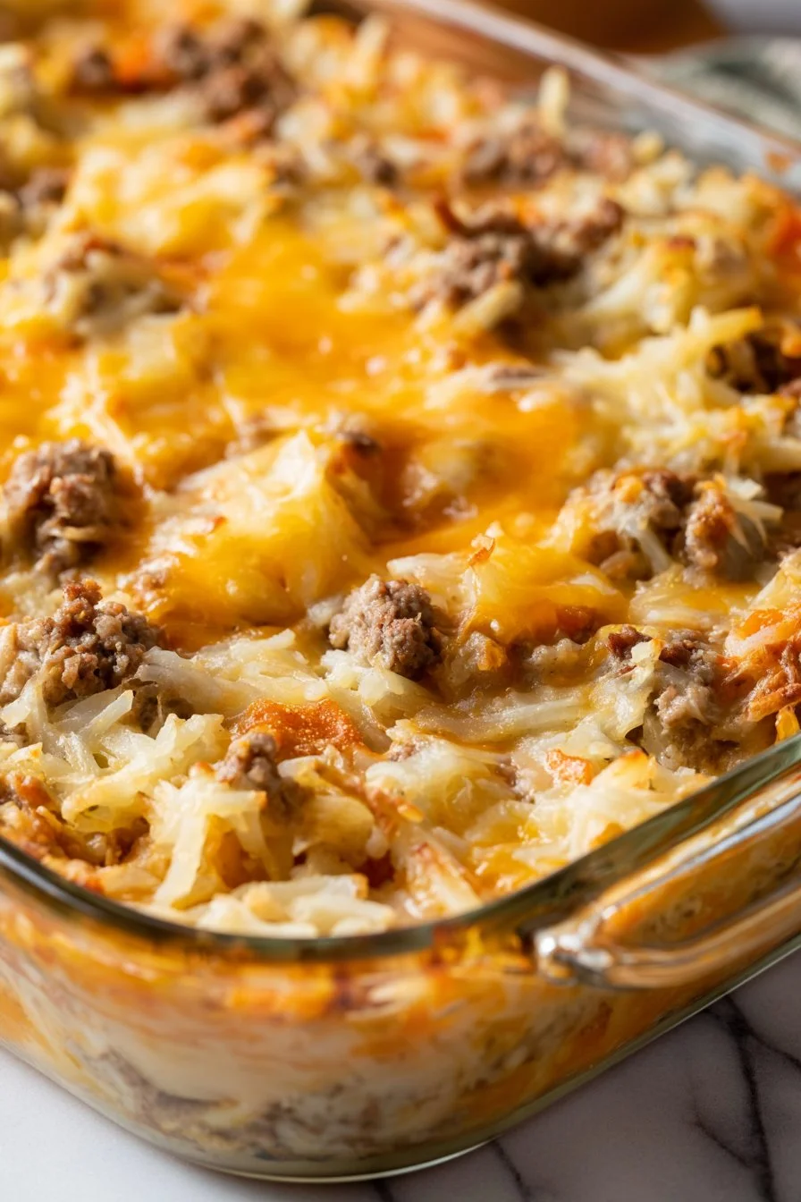 Delicious cheesy ground beef hashbrown casserole baked to perfection