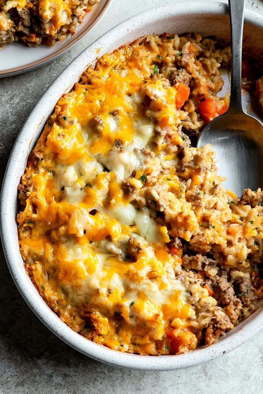 Cheesy ground beef rice casserole served in a baking dish, garnished with cheese and herbs.