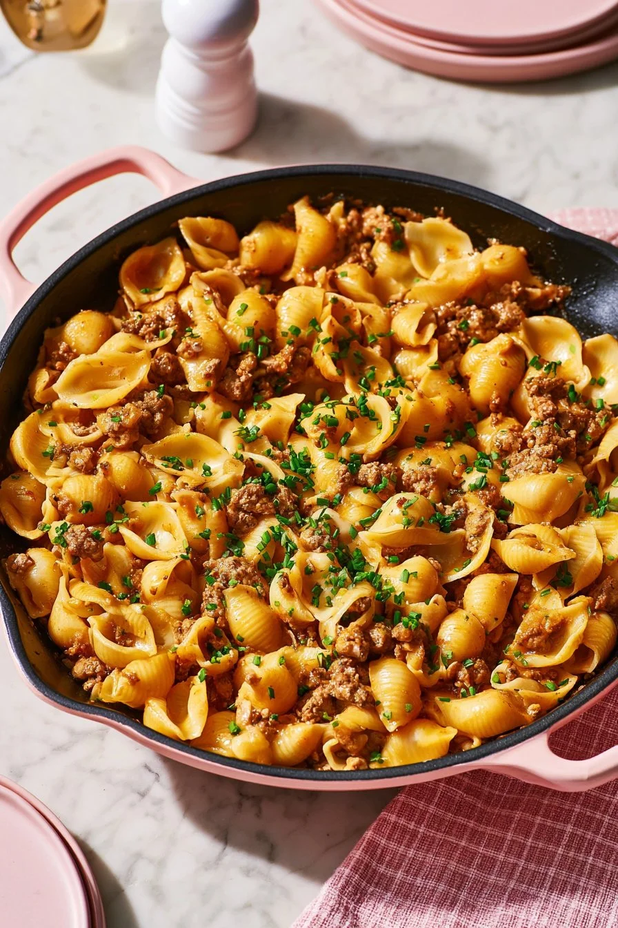 Cheesy ground beef shells baked with melted cheese and savory filling