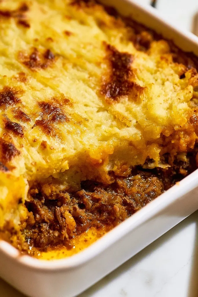 Delicious Chilean beef and corn casserole in a baking dish, garnished beautifully.