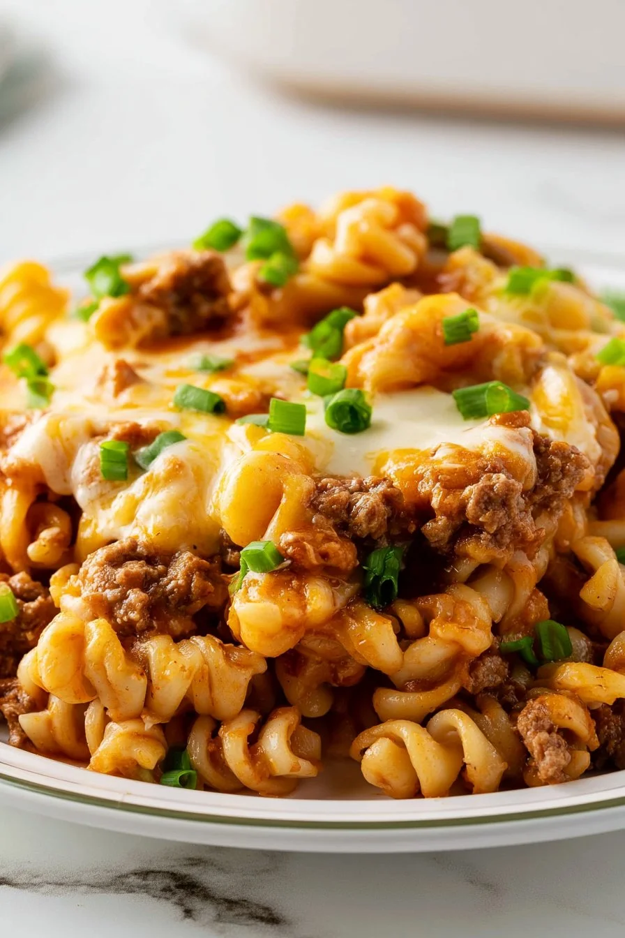 Creamy noodle bake with sour cream in a casserole dish, ready to serve.