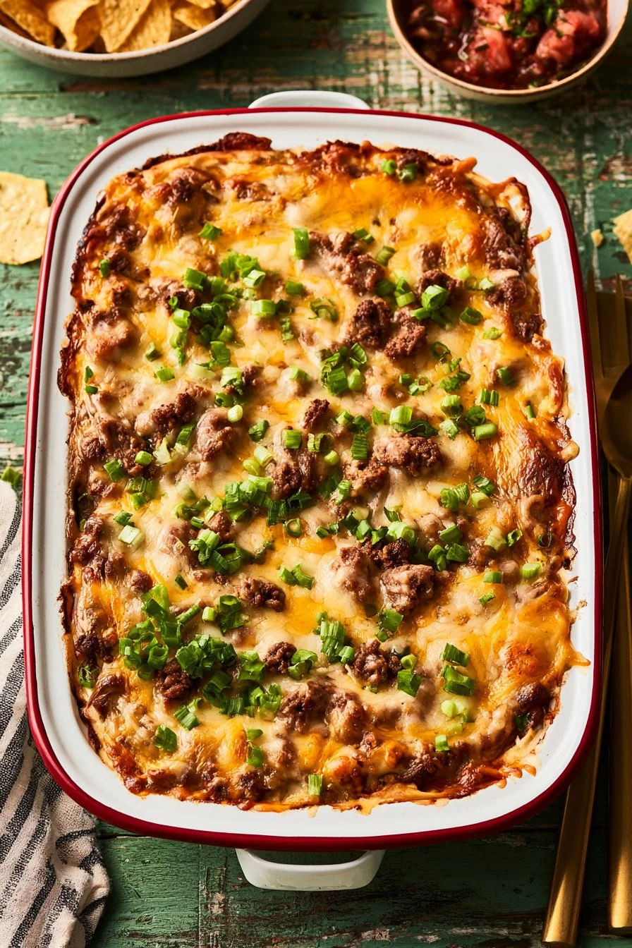 Crescent Roll Ground Beef Casserole topped with cheese and herbs.