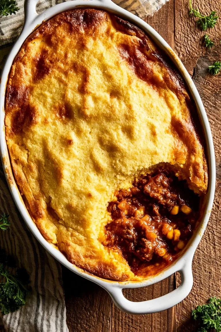 Ground beef casserole with cornbread topping in a baking dish