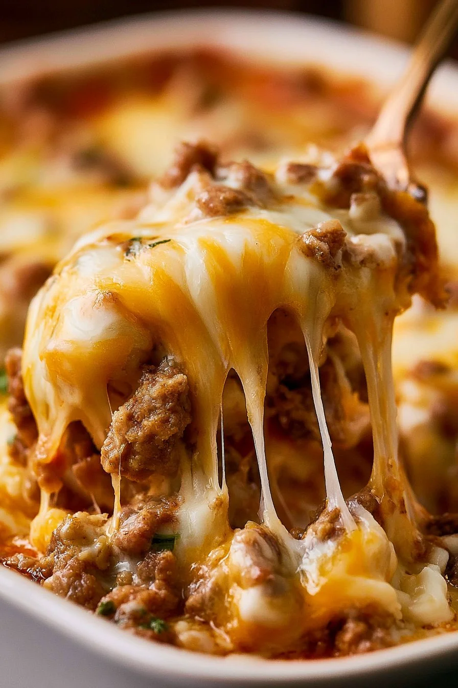 Easy ground beef casserole with five ingredients baked in a dish