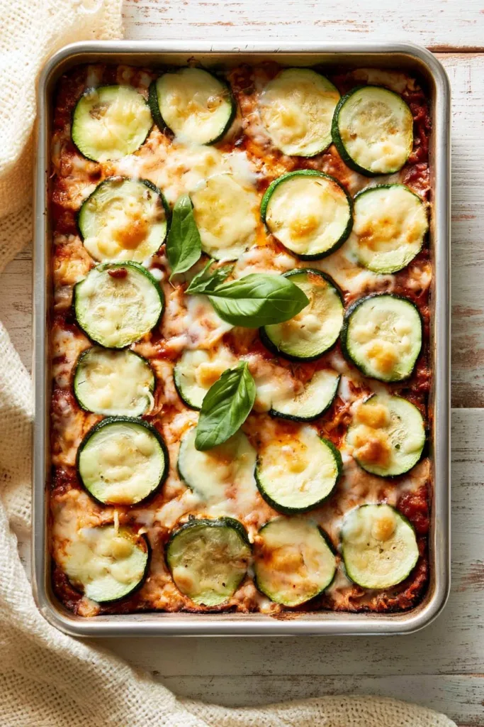 Ground Beef Casserole with Zucchini served in a baking dish