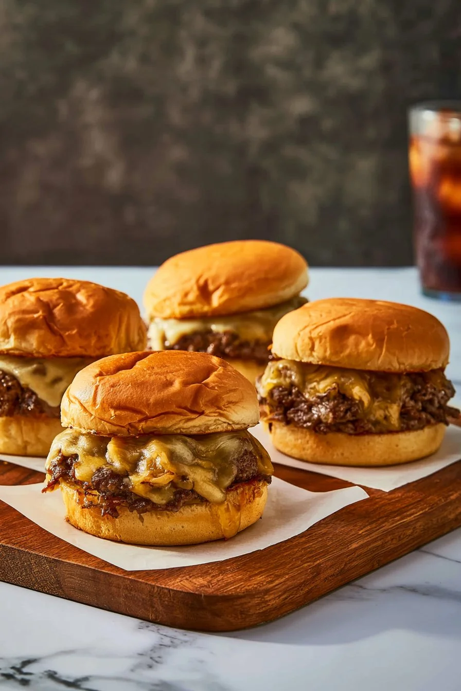 Delicious homemade Oklahoma onion burgers on a grill with caramelized onions.