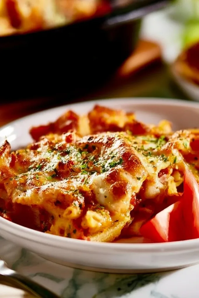 A delicious serving of One Pot Lasagna topped with basil and melted cheese.