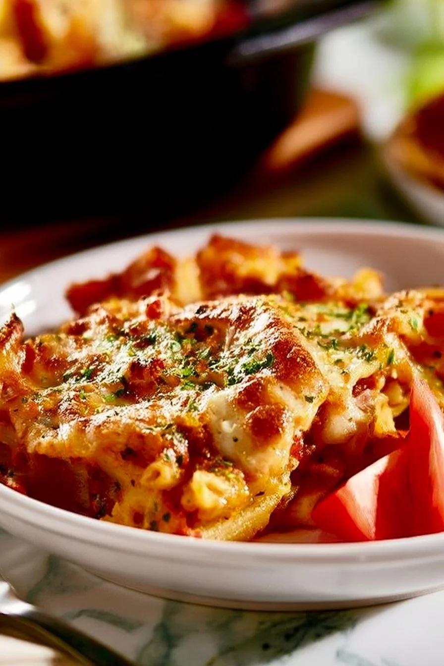 A delicious serving of One Pot Lasagna topped with basil and melted cheese.